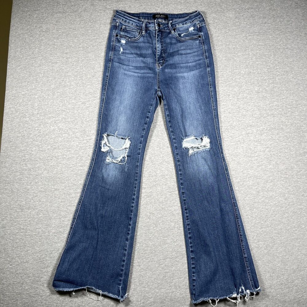 Judy Blue Jeans Womens 11/30 Blue Flared Slim Distressed Stretch 32 Inseam